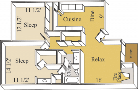 Floor plan for 2 beds, 1.5 baths, 930 sqft